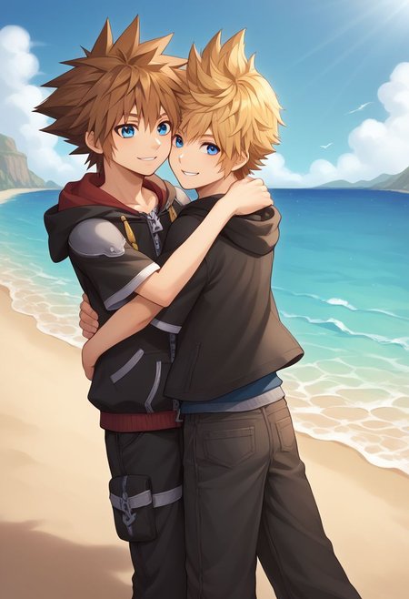 score_9, score_8_up, source_anime, highly detailed, 2boys,
sora, spiked hair, male focus, 1boy, brown hair, blue eyes, zipper, hoodie, BREAK
roxas, 1boy, zipper, male focus, spiked hair, blue eyes, blonde hair, pants, short sleeves, zipper pull tab, 
indoor, outdoor, beach, bare foot, hug, smile, foot in water, stand,