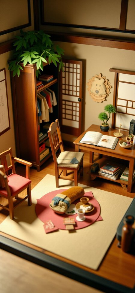 (indoors,indoor,isometric view,side view,tilt-shift lens:2), (in the style of ck-sfc,fna_style,fna_style,a scene from a pop-up,card letter:2), (very huge miniature wardrobe:1.5),(opened wardrobeis filled with  bamboo tree,hinoki onsen with water:2) (on table at study:4) <lora:Fantasy_Novel_Art_Style:1><lora:ck-plastic-models:1> <lora:Pop-up_Book_Papercraft_Plotter_FLUX:1>