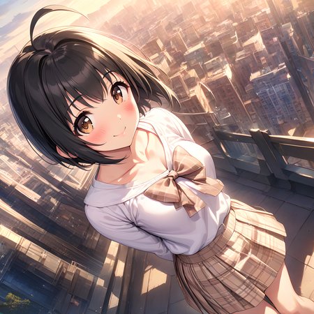 (masterpiece),(best quality),(ultra-detailed),(best illustration),(best shadow),(absurdres),(detailed background),(very aesthetic),  miho kohinata, 1girl, solo, ahoge, black hair, smile, short hair, brown eyes, skirt, looking at viewer,city background, arms behind back, collarbone, bow, blush <lora:Miho_Kohinata:1>