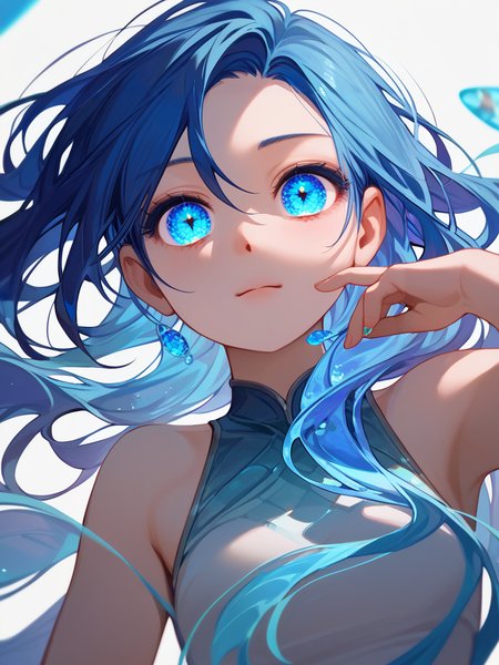 PDXL, <lora:OpalEyesV1Pony:1>, opal_eyes, 1girl, cute face, detailed eyes, long blue hair, glowing eyes, upper body, looking through a fishtank