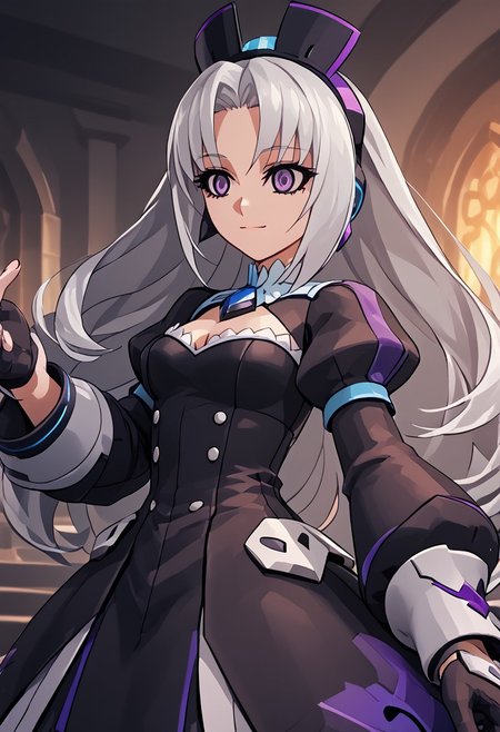score_4,score_5,score_6,score_7_up,score_8_up,score_9 ((masterpiece,best quality,ultra detailed,highres,HD,4k:1.2)),
Azure Striker Gunvolt(Main),shining highlights,
1girl, solo, girl forcus,solo forcus
Elise(V2),grey hair,long hair,Forehead,parted bangs,purple eyes,Strong-willed, strong-willed woman, sharp eyes, slanted eyes,
long_sleeves, gloves, dress, cleavage,black_gloves, puffy_sleeves, black_thighhighs,  black_dress, clothing_cutout, cleavage_cutout, juliet_sleeves, vambraces, 
smile,light smile,