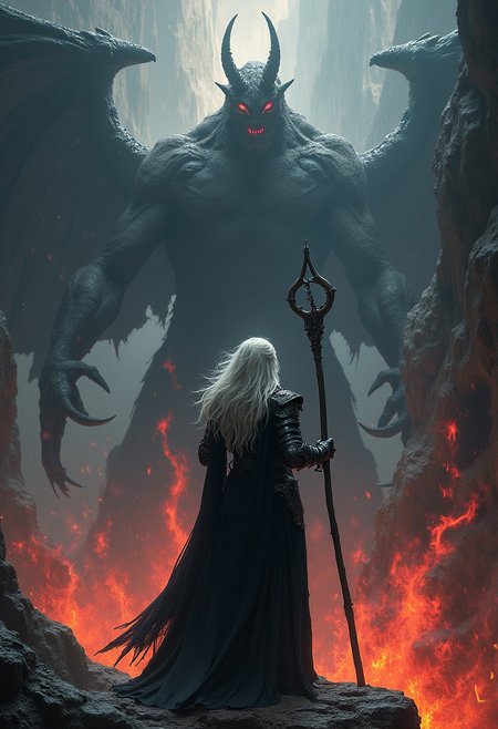 The focus is on a female silver haired mage holding her staff high above her with both hands in a final stand. The mage is wearing sleek armor that is damaged and breaking apart. She stand on the edge of a cliff overlooking a dark abyss and she is facing a balrog. The balrog is an enormous creature cloaked in black and crimson flames of death. The mage  The tip of the staff glows with purity.,
The backdrop behind the mage and balrog is a swirling abyss of darkness, separated by streaks of pure white. The backdrop is centered behind the subject. The colors are separated by metallic fractures, creating a glowing mosaic effect. The colors of the backdrop are most intense near the center. The mage is a stark and vibrant contrast of hope against the encroaching darkness and despair.