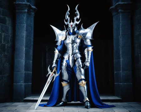 a dorugoramon knight standing in a castle and holding a sword,full body,cape,horns,forehead jewel, raw photo,cinematic shot,realistic,professional lighting,professional photography, <lora:DORUgoramon:0.65>