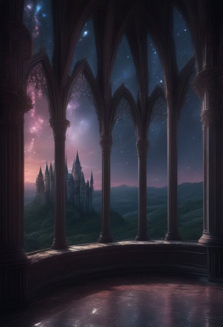 an abandoned Gothic castle with views of extraterrestrial galaxies from the windows. 4k, high-detail hyperrealism, HD quality, high-detail masterpiece. 4k, high-detail hyperrealism, HD quality, high-detail masterpiece