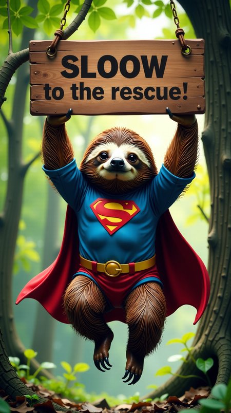 A sloth in a superhero suit, hanging from a tree,Above it is a sign that reads "Sloooow to the rescue!" ,in the style of Jed-clrfl <lora:Flux DetailerV2:1>