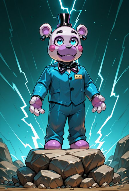 <lora:helpi-10:1> helpi, solo, top hat, bowtie, animal ears, mini hat, furry, .  teddy, animatronic, robot, toy , blue suit, lightning symbol, ear rings, rock symbol, masterpiece, best quality, amazing quality, very aesthetic, absurdres, newest,