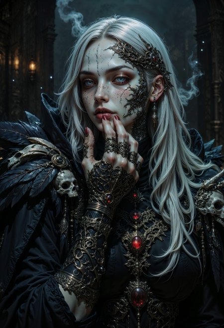 The image showcases a cursed oracle, her weathered hand delicately tracing the lines of her own jaw. Her lips, cracked and ashen, carry a hint of once-vibrant life now faded by time and dark magic. Her fingers are thin, each joint wrapped in tarnished bronze rings engraved with arcane symbols, glowing faintly with the curse that binds her. A large, serpent-shaped tattoo coils from the back of her hand to her wrist, its eyes flashing red as though alive. Her eyes, one pale and the other blood-red, stare ahead, as if seeing both this world and another. Long silver strands of hair frame her face, while a single raven feather dangles from her ear. She wears a tattered black cloak, adorned with crumbling feathers and bone charms. The dim, smoky background hums with the sounds of distant whispers, filling the air with eerie dread.
