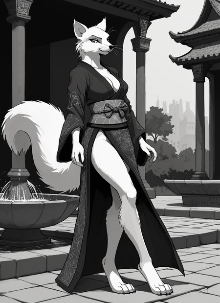 score_9, score_8_up, score_7_up, score_6_up, source_furry, rating_explicit,
digital artwork, erotic photoset,
sketch, monochrome,
courtyard, ornate fountain, cobblestone paths, tranquil
BREAK
full body, three-quarter view,
female, adult, anthro, squirrel, big tail,
white body, white fur,
black nose, whiskers,
Wearing Samurai Moonblade Kimono with Lunar Crest, katana at the side,
long legs, paws
<loractl:garbagegarage_V1P2_PDXLv6:0.3@8,0.8@9>