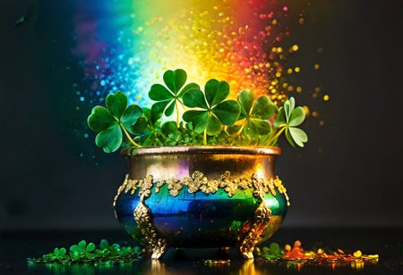 double exposure, vibrant shamrocks, shimmering rainbow, overflowing pot of gold, reflections, hyperrealistic, intricate details, festive, macro photography, saturated colors, glowing, (bokeh effect:1.2)
