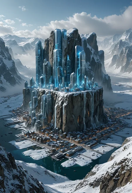A futuristic city built on the edge of a massive icy cliff in a snow-covered mountainous region, The city has tall and sleek futuristic buildings made of a glass material that reflects the light, giving the structures translucent appearance, integrated into the natural rock formations, The surrounding landscape is dominated by rugged snow-capped peaks, deep valleys filled with mist, dramatic and otherworldly scene, atmosphere is one of cold beauty and advanced, <lora:MJ52:0.3>, <lora:SDXLFaeTastic2400:0.3>, <lora:EpicF4nta5yXL:0.4>, <lora:detailed_notrigger:0.5>, <lora:add-detail-xl:1>