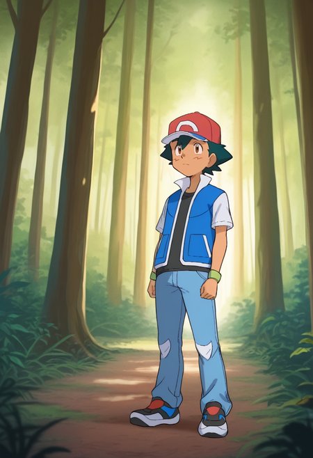 best quality, masterpiece, absurdres, newest, highly detailed, 
<lora:TMNT_1987_-_Cartoon_Screen_Captured_Style:1> 1987tmnt5tyl3, cowboy shot,
1boy, Ash Ketchum \(pokemon\), forest scenery, male focus, hat, jeans, shoes, jacket,