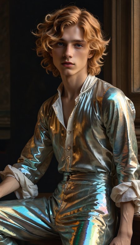 full body masterpiece, 19yo twink, flowing iridescent outfit, detailed face, medium platinum ginger hair, (Chiaroscuro, Filmgrain, Cinematic LUT), by Sandro Botticelli and Rembrandt and Alphonse Mucha, <lora:sdxl_lightning_8step_lora:1>