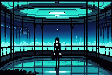 highly insanely detailed, masterpiece, top quality, best quality, highres, 4k, 8k, RAW photo, (very aesthetic, beautiful and aesthetic),  
tsutomu nihei,nihei_tsutomu,blame!,blame gakuen!,abara,TNstyle,sidonia_no_kishi,buildings,star \(sky\),starry sky,air conditioner,fence,mist,foggy,steam,fog,smoke, 
<lora:blameLora_v10:0.7>, 
(1girl:1.3), 
solo focus, 
Solarium,Serene room with glass walls offering panoramic views of the Nile,potted palms adding a touch of greenery,mosaic tiles depicting aquatic scenes underfoot,chaise lounges draped in silk throws,and golden sconces illuminating the space,pastel colors background,âââ