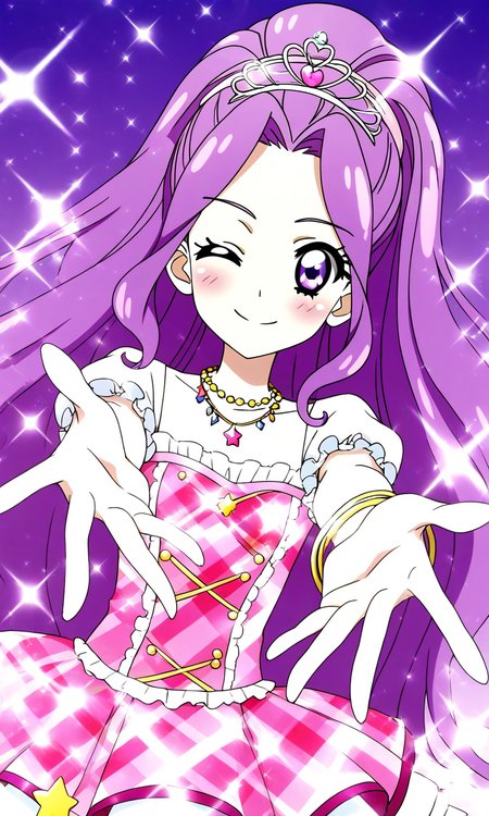 general,highres, ultra-detailed,very aesthetic,best quality ,best hands, BREAK <lora:Kanzaki_Mizuki_aikatsu!_IS:1>
kanzaki_mizuki(aikatsu!), 1girl, solo, purple hair, purple eyes, long hair, ponytail, high ponytail, hairband, very long hair,
one eye closed, smile, pink dress, jewelry, purple background, necklace, star (symbol), looking at viewer, ;), bracelet, tiara, argyle, gradient background, gradient, plaid, frills,
sparkle, reaching,