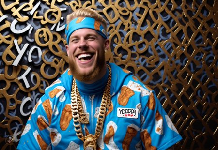 detailxl, Movie Still, Cinematic, Cinematic Lighting, Professional studio photo, a thin 30 year old white male with a big smile, dirty blonde beard, wearing a blue outfit with images of diapers printed all over it and a matching durag with the same diaper print pattern.  He is wearing many gold and platinum chains of various styles.  He has gold watches.  He has gold and platinum grills on his teeth.  He is wearing golden coloured sunglasses.  He is standing in front of a graffiti coloured wall.  He has a colourful speech bubble with colourful letters which say exactly: “yooooooooooo!”