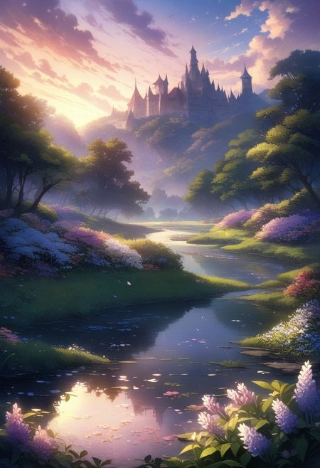 A beautiful landscape reminiscent of a spring. ( Calm spring night landscape), amongst lush greenery, beautiful view, Hyacinth flower in full bloom, Hyacinth flower, early morning, sunrise sky, beautiful clouds, dappled sunlight, beautiful, Tranquil Lake, Walkway, petals dancing in the wind, 
You will be enchanted by the beautiful paintings. 
best quality, 8k, ultra-detailed, very aesthetic, superb composition, finest details, intricate details, absurdres, high contrast,
