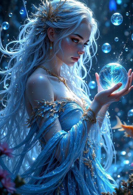 a mystical scene with a female figure as the central subject. The woman has long, flowing white hair adorned with golden, leaf-like accessories. Her skin is pale and luminous, with delicate facial features and a serene expression. She is dressed in an elegant, shimmering blue gown with intricate gold embellishments that resemble leaves and vines. The background is a dark, ethereal forest setting, with glowing orbs floating around her, adding a magical ambiance. She holds a large, glowing blue orb in her hands, which emits a soft light, illuminating her face and surroundings. 
<lora:FluxMythP0rtr4itStyle:0.6>  <lora:Midjourney_Dreamlike_Fantasy_FLUX_LoRA:0.6> <lora:Elden_Ring_-_Yoshitaka_Amano:0.33>
