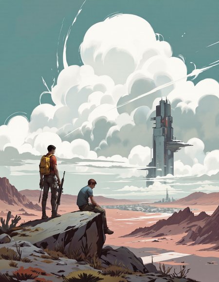 By JoFoGriGreToc.
A digital illustration shoot from a far camera angle about a futuristic landscape with a distant city under a large, stormy sky. the scene is set in a desert-like environment with rocky terrain and sparse vegetation. on the left of the image, a young man stands on a rocky outcrop, facing away from the viewer, wearing a yellow backpack and holding a rifle. he appears to be in his late teens or early twenties, with a serious expression on his face. to his right, another young man is sitting on the rock, looking out at the distant cityscape. in the background, a tall, futuristic building stands amidst the clouds, which are filled with fluffy white clouds. the sky is a mix of teal and pink hues, giving the scene a vibrant and dynamic feel.
