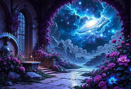 The Nebular Ballroom of the Forsaken Ones
A celestial garden drifting through a nebula, where the walls are translucent and ever-changing, revealing glimpses of dying stars and lost cosmic creatures. Massive silver gears, half-submerged in deep violet ivy, pulse with ancient power, controlling the movement of the celestial bodies above. Dark, sentient roses with glowing blue veins bloom and wither in an endless cycle, feeding off the strange energy in the air. The scent of cosmic dust, electrified orchids, and vanishing dreams fills the room.