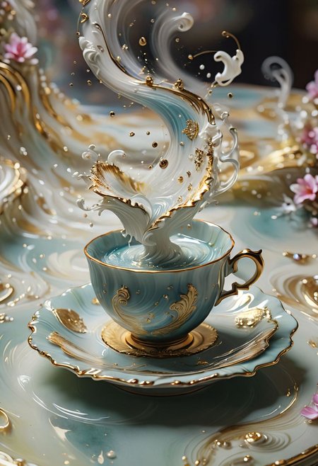 the tea cup on table, inside swirl splashes waves,  close-up, masterpeace, fluid, flora,, muted colors, pearl, gold, luxurious, extremely detailed