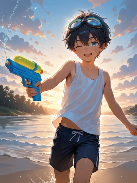 1boy,aged down,solo,short hair,black hair,hair between eyes,blue eyes,multicolored_eyes,tan,tank top,shorts,goggles on head,bandaid on face,looking at viewer,smile,open mouth,running,one eye closed,water gun,water,cloudy sky,nature,sunset,cinematic lighting,illustration,artbook,outline,IllusP0s,<lora:aidmaFLuxPro1.1_v0.3_IL:0.25>,<lora:ai_styles_collection_noob_vpred-1.0-v6-edm2-pass:0.3>,<lora:akicocolo:0.7>,