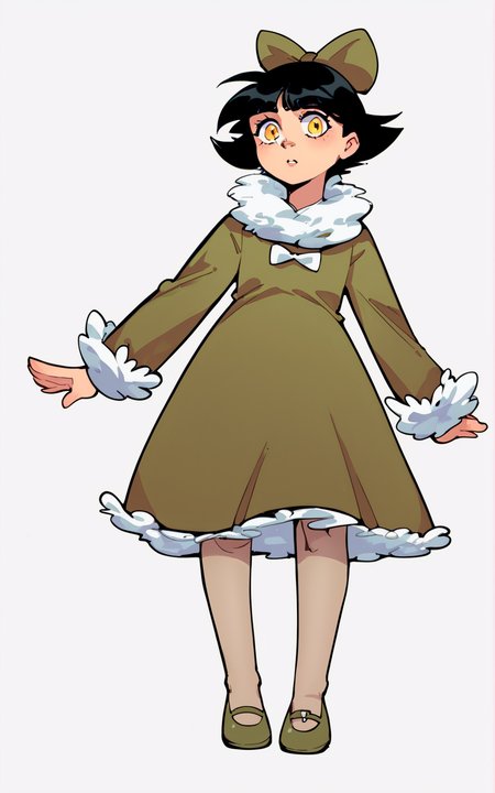 score_9, score_8_up, score_7_up,((best quality)), absurdres,((full body)),  <lora:3d-2d:0.8>,  <lora:OliviaMannPXL:1>,OliviaMannPXL,black hair,short hair,yellow eyes,dress, hair bow, bow,pantyhose,mary janes,green dress,long sleeves, green bow, fur trim,white background,