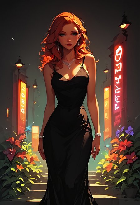 score_9, score_8_up, score_7_up, FFDAC, 1woman, beautiful, redhead, black dress, neon color designs,