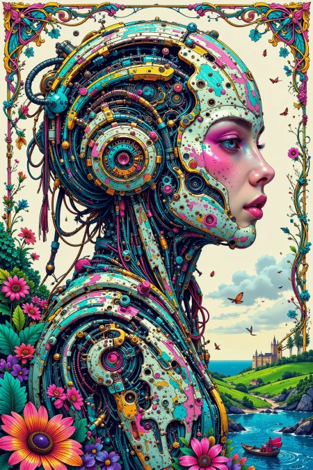 a pretty cyborg woman beautiful  landscape, day, woman, very intricate, very detailed, sharp, bright, colorful, <lora:Hand v2:0.5> <lora:Anti-Blur:1><lora:Insane Detail Slider:0.25>  <lora:flux.1_lora_flyway_Epic-detail_v2:0.3> <lora:fluxenhancer:0.25> <lora:ck-Neon-Retrowave:0.4> ck-rw, in the style of ck-rw,  <lora:Neurocore Anime Cyberpunk:0.8> A digital artwork in the style of cknc