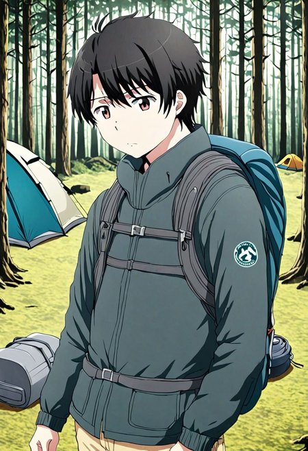 high resolution, solo, best quality, 1Boy, Inaho Kaizuka, Black Hair, forest, camping, OverallDetail