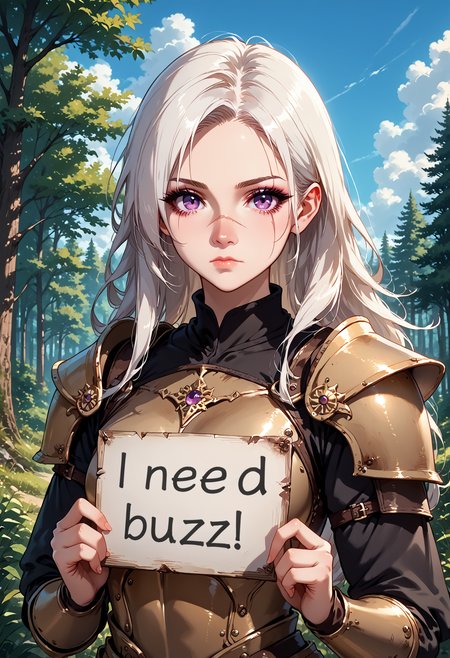 1girl, armor, scar, solo, scar on face, white hair, long hair, hair over one eye, looking at viewer, purple eyes eyes, outdoors, upper body, breastplate, medium breasts, shoulder armor, tree, makeup, lip gloss, day, scar across eye, sky, , cloud, , shoulder plates, pauldrons, breasts, nature, eyelashes, scar on nose, scar on cheek, closed mouth, forest, blue sky, one eye covered,, looking at viewer,  score_9, score_8_up, score_8_up,need_buzz, holding sign, <lora:need_buzz_sign:1>