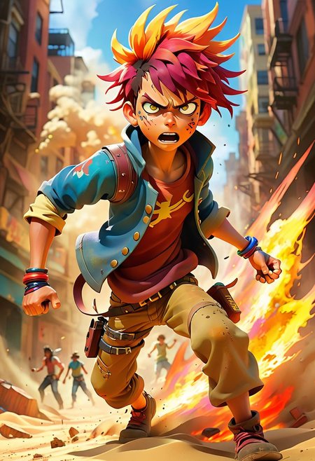 masterpiece, best quality, sand land style boy fighting, cyberpunk, pirate, FLCL, Pixar, in a riot, people fighting, city on fire, rebellion, soul trapped in a body pushing to get out while reality compresses it back in, dusty rainbow from the dark, , character concept art, very detailed , sharp focus, fine lines, fine art, bright colors, in rays of sunlight,  artgerm, artstation, lora:detailed_notrigger:1>