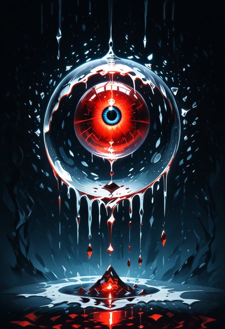 (masterpiece), best quality, Illustration, (Floating Sphere, Crystal, Magic, Reflection, Melting, Dripping, red eyeball), dark Background, No Humans, Starry Theme, (Light Refraction), red and black Theme, Natural Lighting, Verynsty