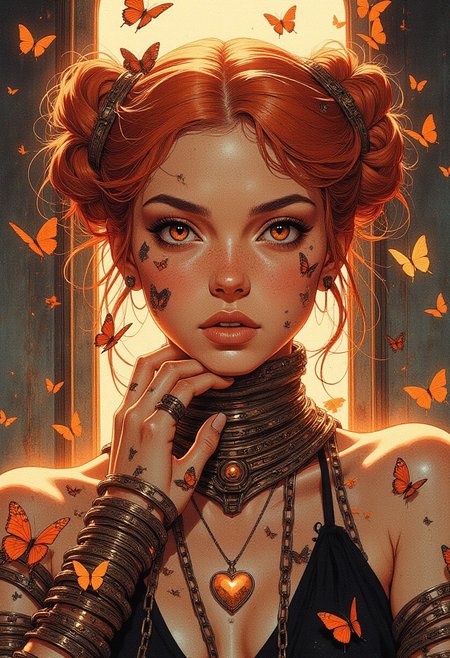 (high-fashion studio artwork with utmost realism) A digital illustration featuring a young woman with a striking appearance. She has warm, sun-kissed skin and vibrant copper hair styled into two high buns adorned with butterflies, their wings displaying shades of burnt orange and deep bronze. Her piercing amber eyes are accentuated by bold, smoky eyeshadow, and she wears a delicate, rose-gold, heart-shaped necklace around her neck. Her lips are painted a shimmering, metallic copper, enhancing her radiant and ethereal aura. She is bound by dark brass chains around her wrists and forearms, draped over her chest, creating a sense of confinement. Surrounding her are numerous butterflies, some perched on her hair, others fluttering around her face and hands. The background is a deep, charcoal gray, with warm golden-orange light beams radiating from above, casting a dramatic glow that highlights her features and the intricate details of the butterflies. The overall style is highly detailed and realistic, focusing on the intricate textures of the butterfly wings and the reflective sheen of the chains. anime, cyberpunk