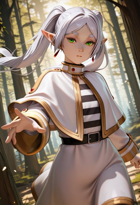 masterpiece, best quality, intricate details, detailed background, beautiful detailed, beautiful face, detailed eyes, detailed face, new, newest, ub3rstyl3, 1girl, solo, frieren, cowboy shot, looking at viewer, forest, dutch angle, dynamic pose,