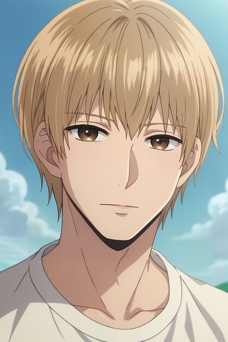 score_9, score_8_up, score_7_up, source_anime, rating_safe, intricate details, anime screencap, anime coloring, , looking at viewer, depth of field, 1boy, solo, male focus, <lora:mugi_awaya_pony:0.84>, mugi_awaya, blonde hair, brown eyes, short hair, bangs, straight-on, death valley, day, clouds, arm at side, :D, , <lora:sdxl_lightning_8step_lora:1>