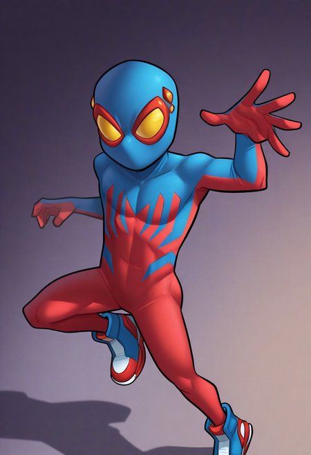 1boy, male focus, cute boy, BaileyBriggs, Mask, Yellow Eyes, Spiderboy Costume, Two-tone Bodysuit, Red Bodysuit, Blue Bodysuit, Red Blue Sneakers, cinematic, intricately detailed illustration, depth of field, masterpiece, best quality, amazing quality, very aesthetic, absurdres, newest, very awa, shadow, dynamic angle, casual cosplay, dynamic pose,  action pose,
