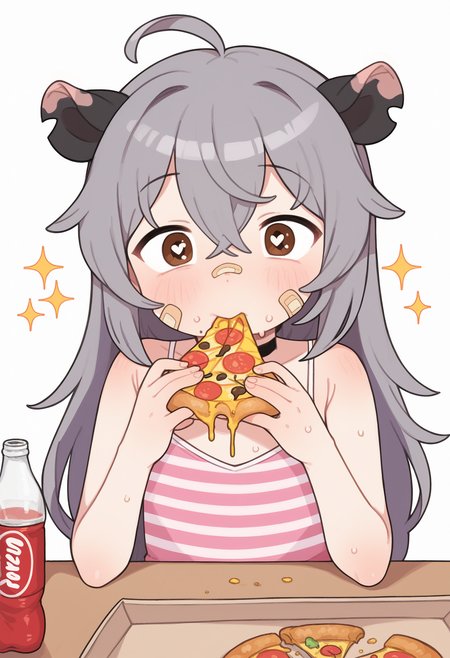 score_9, uncensored, source_anime
BREAK
macci (opossumachine), 1girl, ahoge, bandaid, bandaid on cheek, bandaid on face, bare shoulders, black choker, blush, bright pupils, brown eyes, camisole, cheese trail, choker, closed mouth, crossed bangs, eating, flat chest, food, food on hand, grey hair, hair between eyes, hair flaps, hair ornament, hairclip, happy, holding, holding food, holding pizza, long hair, pepperoni, pink camisole, pizza, pizza box, pizza slice, possum ears, possum girl, sidelocks, soda bottle, solo, sparkle, striped camisole, sweat, upper body, white background, white pupils
<lora:opossumachine_pony_v1_adafactor:1>