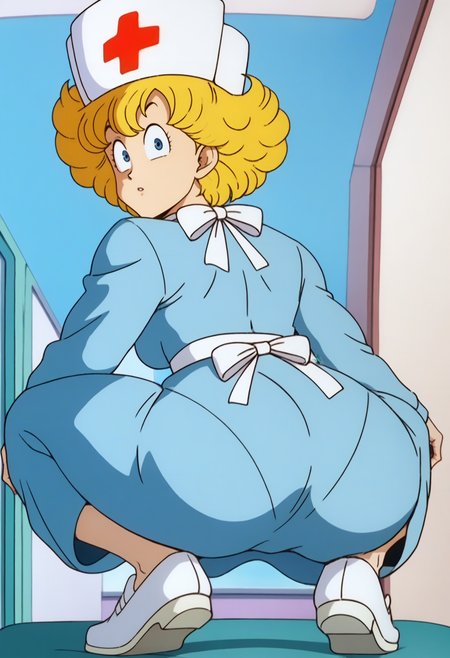 score_9, score_8_up, score_7_up, score_6_up, anime screencap, anime coloring, <lora:DBExtraGirlNur_epoch_7:0.9>, DBExtraGirlNur, 1girl, solo, blonde hair, short hair, blue eyes, 
nurse, nurse cap, blue dress, long sleeves, 
white footwear, shoes,
squatting, from below, ass, ass focus, looking at viewer, looking back,
BREAK indoors,