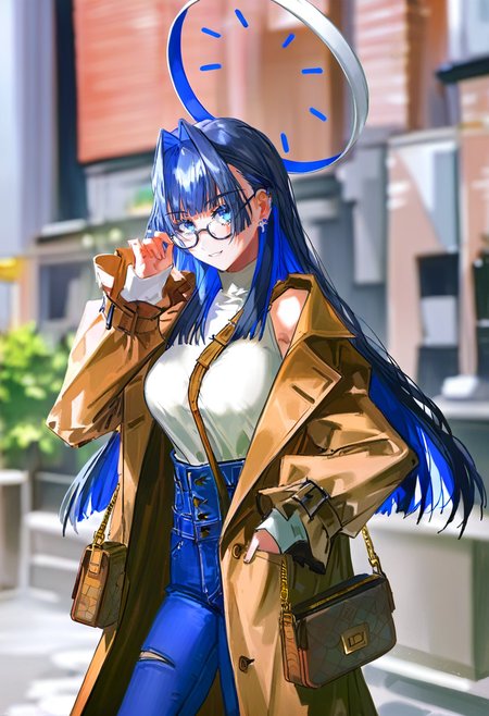 1girl, ouro kronii, virtual youtuber, pants, blue eyes, solo, bag, blue hair, long hair, jeans, glasses, hair intakes, handbag, denim, halo, brown coat, looking at viewer, breasts, coat, high-waist pants, torn pants, blue pants, hand in pocket, outdoors, shoulder bag, shirt, bangs, torn clothes, alternate costume, long sleeves, white shirt, sleeveless, blurry background, large breasts, strap between breasts, adjusting eyewear, smile, blurry, open coat, bespectacled <lora:quasarcakeXL_NBVP1_lokr_V6311P:0.95>