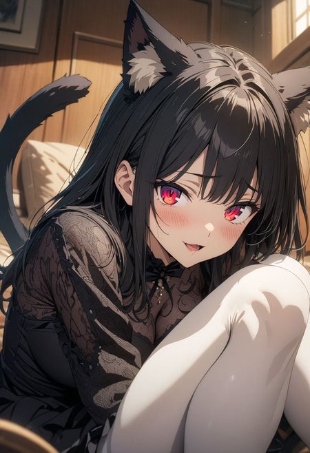 gorgeous lips, (masterpiece), (best quality), (ultra-detailed), very aesthetic, illustration, perfect composition, intricate details, absurdres, detailed face, (anime, masterpiece, intricate:1.3), (best quality, hires textures, high detail:1.2), (4k),(incredibly detailed:1.4) 
a cat woman sitting and posing on top of the bed with her head down, 1girl, solo, animal ears, black hair, cat ears, smile, red eyes, white pantyhose, tail, looking at viewer, cat tail, animal ear fluff, long sleeves, blush, pantyhose, sitting, :d, open mouth, cat girl, bow, dress, bangs, indoors, puffy sleeves, black dress, black bow , (best quality, masterpiece, ultra-detailed, illustration),(8K wallpaper),(beautiful detailed eyes), beautiful, amazing, detailed eyes, (detailed skin)