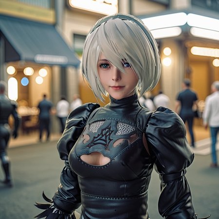 cinematic photo yorha2b,<lora:yorha2b_sdxl_V10-000008:0.65>,looking at viewer,smirking,full body,plate_armor, . 35mm photograph, film, bokeh, professional, 4k, highly detailed, <lora:oowoman:0.7>
