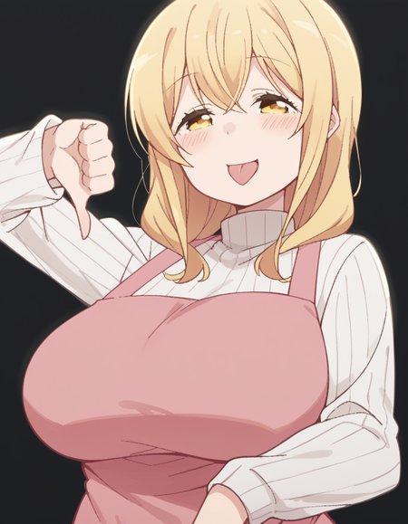 score_9, score_8_up, score_7_up, source_anime, <lora:ayaka-sunohara-s1-ponyxl-lora-nochekaiser:1>, ayaka sunohara, long hair, bangs, blonde hair, yellow eyes, mature female,, long sleeves, yellow eyes, large breasts, apron, sweater, turtleneck, ribbed sweater, turtleneck sweater, white sweater, pink apron, oasis, water, palm trees, desert, life, smile, <lora:thumbs-down-ponyxl-lora-nochekaiser:1>, thumbs down, blush, from below, smug, tongue, tongue out, open mouth, black background, looking at viewer, solo,, dutch angle, cowboy shot