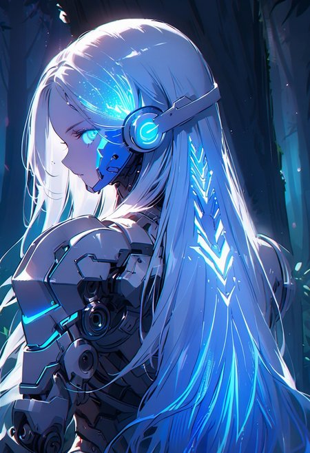 ((masterpiece), (best quality), (ultra-detailed), 
illustration, 3DMM,
1woman, deep blue eyes, blue hair , very long hair, forehead, black footwear, high heels, standing, looking at viewer, trees,  night sky, stars, forest, futuristic,  hand prosthesis, scifi , lrg prosthesis, glossy, armor, cyborg,  perfect body, silver and blue glow,  mechanical joints, from back, chiaroscuro shading, 
  prostheses, cyber prostheses, glowing hair, detailed face, blue particle, upper body, face focus, white gaming headphones,)