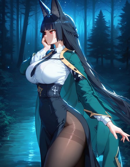 (score_9,score_8_up,score_7_up), masterpiece, best quality, Expressiveh, 1girl, red eyes, (black eyelashes), white pupils, blunt bangs, (fox ears), (cute face), side brides, (black hair), (very long hair), light pink lips, straight hair, (perfect hands), shiny skin, sweat body, (semi big breasts), huge hips, thick thighs,
zzzmiyabi, green cape, jacket on shoulders, white shirt, black necktie, black skirt, high-waist skirt, pantyhose, (long skirt), (side slit), long sleeves, 
expressionless, looking away, frown, 
walking, from side, one hand on face,
night, moonlight, foggy night, starry sky, inside a forest, (forest:1.4), trees, in forest,
<lora:Expressive_H:0.8>, <lora:zzzmiyabi.pony:0.85>, <lora:AIã¤ã©ã¹ããããã:0.5>, <lora:QTY-Pony_DetailV2.0:0.5>, <lora:InniePussy1 Pony v2:0.65>