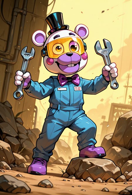 <lora:helpi-10:1> helpi, solo, top hat, bowtie, animal ears, mini hat, furry, .  teddy, animatronic, robot, toy   , rock sign, holding wrench, blue jumpsuit, yellow single eye visor, masterpiece, best quality, amazing quality, very aesthetic, absurdres, newest,