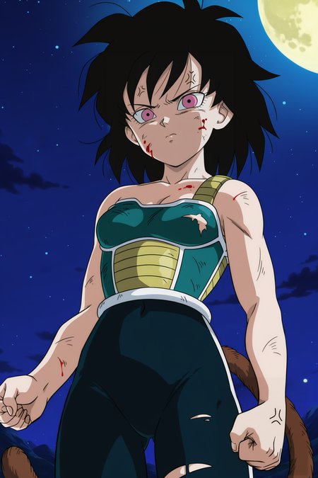 anime screencap, absurdres, high quality, official style, 
gine, official style, ((vegeta outfit)), torn topwear, night, 1girl, solo, breasts, short hair, mountainous horizon, black hair, moon, small breasts, closed mouth, collarbone, blood on face, dirty face, pink eyes, torn bodysuit, torn clothes, spiked hair, bare arms, angry, cowboy shot, dirty, monkey tail, damaged saiyan armor, ((black bodysuit)), eyebrows, eyelashes, looking at viewer, single bare shoulder, green saiyan armor, tired, v-shaped eyebrows, fingernails, white trim, cowboy shot, star \(sky\), clenched hand, from below, anger vein, navel, open clothes, cleavage, 
 <lora:Gine_IL:0.8>