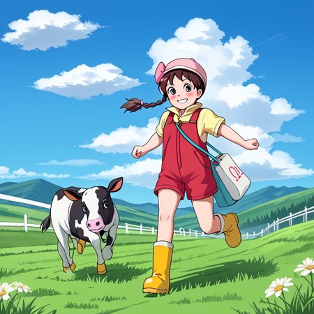 1girl, solo, Miku_Sorayama, brown hair, black eyes, braid, hair bow, bow, pink bow, blush, hat, bag, dress, overalls, boots, rubber boots, yellow boots, short sleeves, shirt, yellow shirt, smile, full body, running, grass, sky, blue sky,  cloud, cow, front view