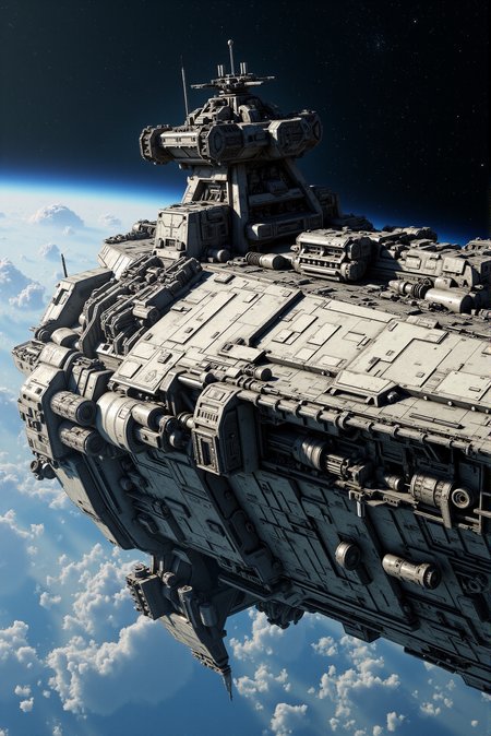 <lora:SpaceCraft_v.3:0.8>
A titanic command warship hovers with imperial dominance over a galactic backdrop, its pyramidal hull stretching into deep space with ribbed armor plates, interlocking panel systems, and lateral weapon batteries. The tiered central tower rises from the rear spine, bristling with turrets, comm arrays, and shield emitters. Dusty steel-gray tones cloak the entire frame in brutalist unity, while pinpoint windows suggest thousands aboard. Captured from a low oblique rear view, the visual merges cinematic realism with monolithic proportions, evoking the cold grandeur of empire-scale warfare.