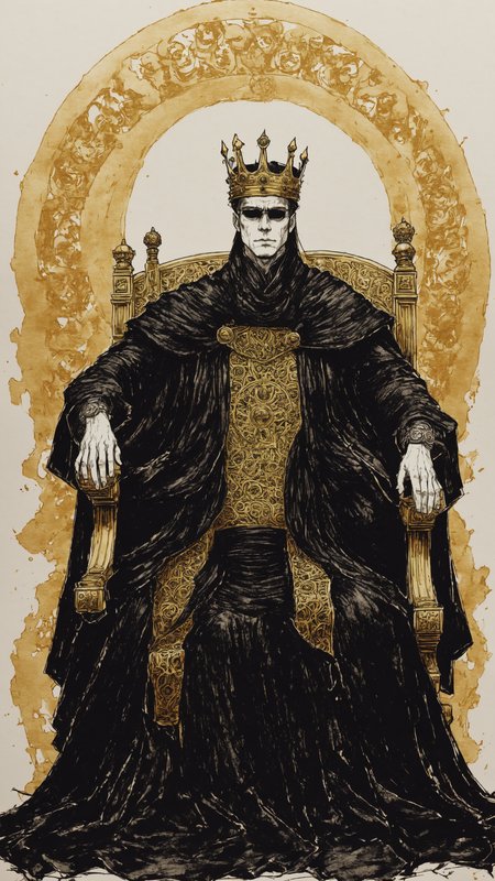 <lora:DarkInkAI:1> DarkInkAI, king on his throne, golden ink, inksketch