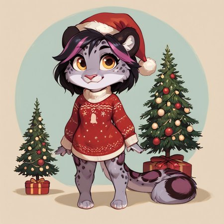 short stack female , solo , ((snow leopard anthro)) , cute , full body , clothed , fluffy_new_year , merry_furistmas , christmas, hat, sweater, santa hat, gift, christmas tree ,
(background)
zPDXL3 , score_9 , score_8 , score_7 , score_6_up , highly detailed , high quality , high res , masterpiece, quality highlights, 8k detail, ultra-detailed,